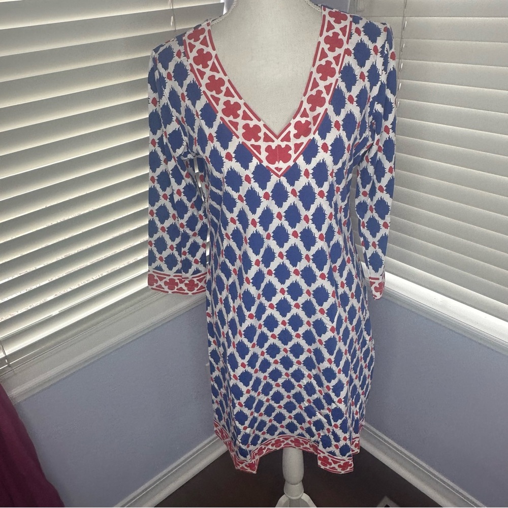 Geometric Blue and Red V-Neck Dress